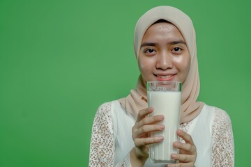 Wall Mural - Asian hijab woman holding milk water for World Milk Day.