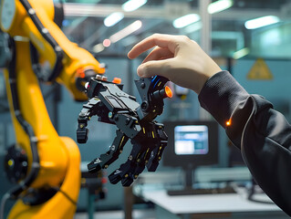 Poster - Remote operator directs robotic arm using joystick control in a high-tech manufacturing environment.