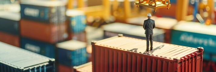 A miniature man stands atop a cargo container, surveying the expansive shipping yard. - A miniature man stands atop a cargo container, surveying the expansive shipping yard. The scene captures the ess