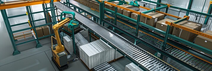 Poster - automated warehouse conveyor system - an automated conveyor system in a warehouse. the system uses r