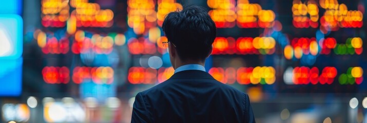 Wall Mural - Businessman Looking at Stock Market - A businessman in a suit stands in front of a blurred background of a stock market display, looking at the fluctuating numbers.