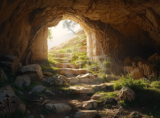 The image shows an empty tomb with the stone rolled back, symbolizing the resurrection in the Easter story. It is a powerful representation of the biblical narrative and the belief in the...