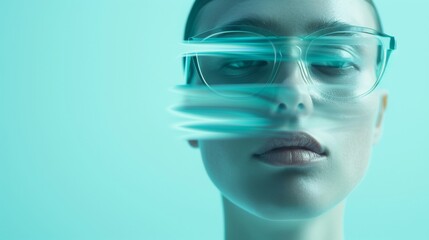 Poster - Young Caucasian Woman Engaged with High-Tech Glassmorphism Interfaces in a Serene Blue-Toned Setting