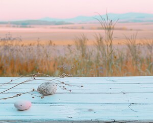 Poster - Tranquil Rural Morning Pastel Grey Wooden Table with Serene Field Background and Soft Sunlight
