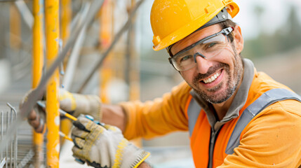 A man in a yellow safety vest and a hard hat is smiling. He is wearing safety goggles and holding a tool