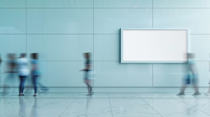Aufkleber - Serene Indoor Scene with Motion-Blurred Passersby and Empty Mockup Frame on a Soft White Wall in a Minimalist Setting