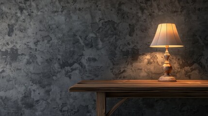 Canvas Print - Lamp on wooden table against concrete grey wall texture