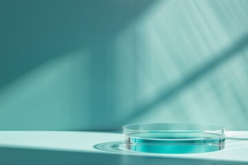 Poster - Elegant Minimalist Mockup with Textured Glass Podium against Vibrant Blue Background, Soft Shadows and Monochromatic Scheme for Product Display