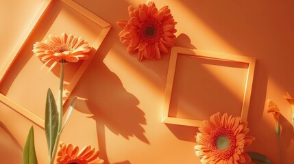 Poster - Simple background for branding and product showcase with orange flowers and empty frame on orange paper with bright light and shadows