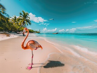 Canvas Print - pink flamingo on the beach