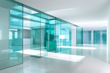 Aufkleber - Modern Office Space with Indoor Glass Walls Featuring Diverse Employees Engaged in Collaborative Work During Daytime