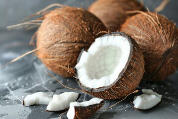 Canvas Print - Fresh Coconuts with Open Half and Pieces on Dark Background