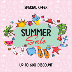 Wall Mural - Summer Sale background. Promotion poster with colourful hand drawn holiday symbols. Vector illustration