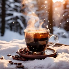 cup of hot coffee in snow background