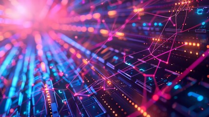 Wall Mural - Abstract Digital Network with Neon Lights - A futuristic abstract digital network with neon lights, showcasing the connection and flow of data. The colorful lines and dots create a sense of dynamic en