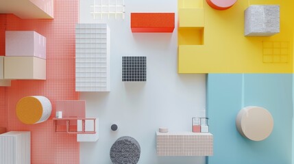 Poster - Abstract Geometric Shapes in 3D - Colorful geometric shapes arranged in a minimalist composition. This 3D render creates a vibrant and abstract design