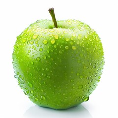 Close-up of a green apple covered in water droplets, isolated on a white background.