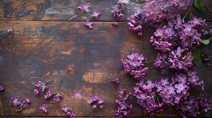 Poster - Vintage floral backdrop with lilac blooms on wooden surface