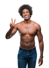 Sticker - Afro american shirtless man showing nude body over isolated background showing and pointing up with fingers number two while smiling confident and happy.