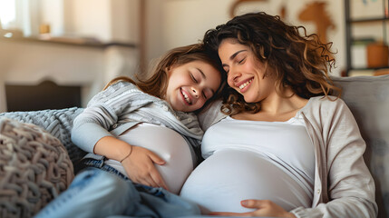 Poster - Happy daughter embracing mother's pregnant belly and smiling, leaning and listening mom's tummy, sitting on sofa at home, free space