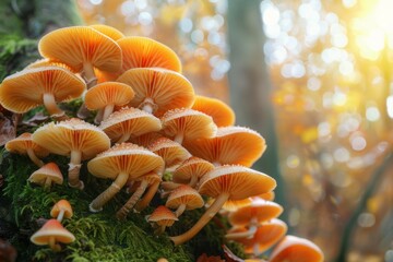 Sticker - Cluster of Bright Orange Mushrooms in Sunlit Forest