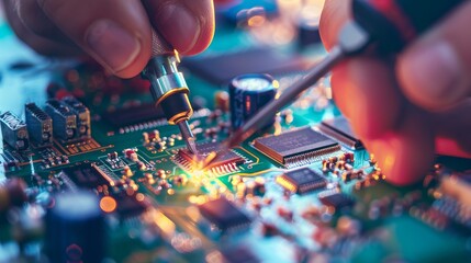 Poster - Close-up of a Soldering Iron on a Circuit Board - A close-up shot of a soldering iron being used to repair a circuit board.