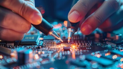 Poster - Close-up of Hands Soldering a Circuit Board - A close-up of two hands soldering a circuit board. The soldering iron is glowing, and the circuit board is lit up by the light from the iron.