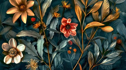 Poster - Beautiful dark surreal botanical illustration. Stunning vibrant flowers and leaves in autumn colors. Stunning combination of nature and art. Artistic perfect for prints or decor. AI