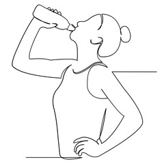 Wall Mural - continuous single drawn one line girl athlete drinks water hand-drawn picture silhouette. Line art. Doodle