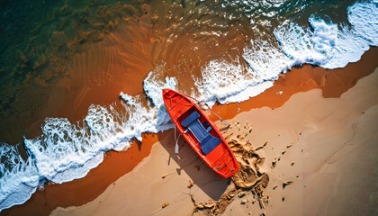 Wall Mural - Bateau rouge échoué sur une plage dorée