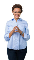 Sticker - Young beautiful african american business woman over isolated background Hands together and fingers crossed smiling relaxed and cheerful. Success and optimistic