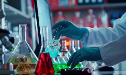 Wall Mural - In a macro shot, a scientist meticulously simulates a chemical reaction on a computer screen, illustrating advanced research in chemistry and computational modeling.