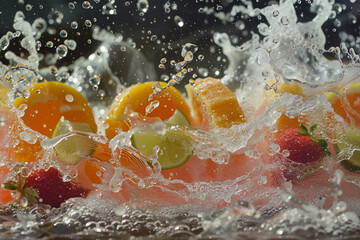 Wall Mural - A splash of water with a bunch of fruit in it