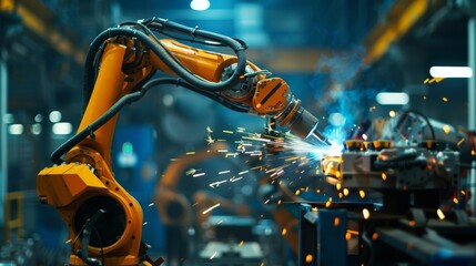 Poster - industrial robot welding in a factory - a yellow industrial robot arm welding a metal piece in a fac