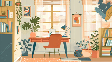 Wall Mural - Cozy room with a desk by the window, a poster, plants and shelves. Illustration in a simple style.