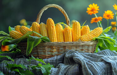 Wall Mural - A basket full of corn is sitting on a table. The corn is yellow and there are many of them. The basket is surrounded by green leaves and flowers.