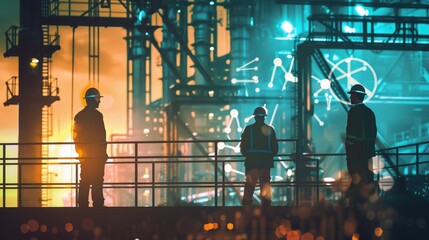 Poster - industrial workers and the future of technology - three silhouette workers stand on a platform looki
