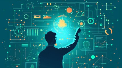 Poster - Man Interacting with Futuristic Technology Interface - A silhouette of a man interacting with a futuristic digital interface. The image depicts data, networks, and technology.