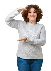 Canvas Print - Beautiful middle ager senior woman wearing winter sweater over isolated background gesturing with hands showing big and large size sign, measure symbol. Smiling looking at the camera