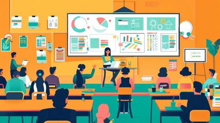 Poster - Presentation in Modern Office with Creative Team - A vibrant and modern office setting where a team of creative individuals gathers for a presentation. The speaker stands at the front, showcasing char