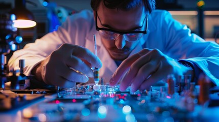 Poster - Scientist Working on a Circuit Board in a Lab - A scientist is working on a circuit board in a laboratory, concentrating on their work, surrounded by equipment and tools, demonstrating the complex and