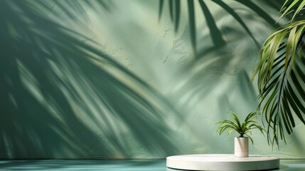 Poster - Simplified backdrop for cosmetic product presentation with empty podium and tropical palm leaf shadow on green background Display case