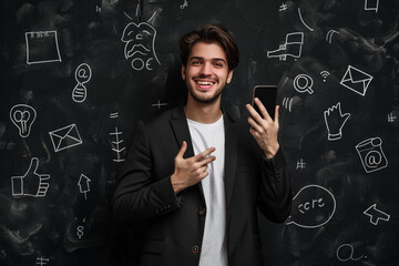 Wall Mural - A stylish young man in a suit and white t-shirt smiles, holding a smartphone,