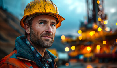 A man in a yellow hard hat stands in front of a construction site