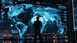 © RDO - An IT professional reviewing global cyber threat levels from AI on a large digital globe interface, with hotspots highlighted.