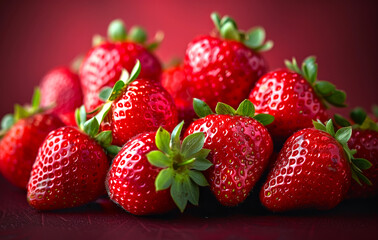 Wall Mural - A bunch of red strawberries are piled on top of each other. The strawberries are ripe and ready to eat