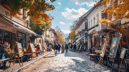 Poster - People enjoying a cultural market atmosphere admiring hand painted artworks displayed on easels while artists capture the vibrant scene with their brushes and palettes Stock Photo with copy space