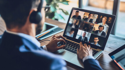 A businessman on a video meeting with colleagues, a man sitting at a desk and looking at a laptop screen, conducting an internet call, leading an online digital webinar with people, home office, team.