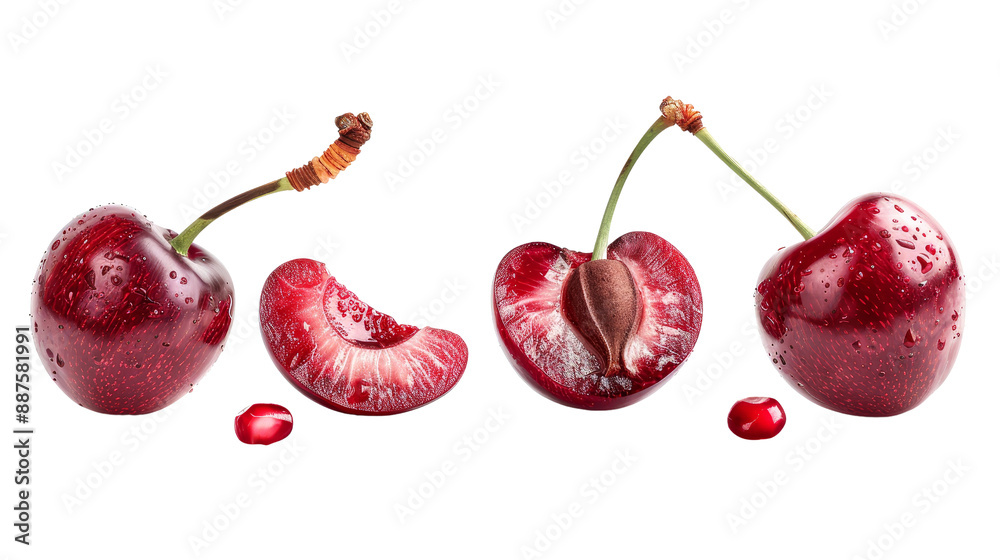 Fresh ripe cherries displayed with a cherry slice and a pit, showcasing ...