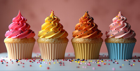 Wall Mural - A row of cupcakes with different frosting colors and sprinkles on top